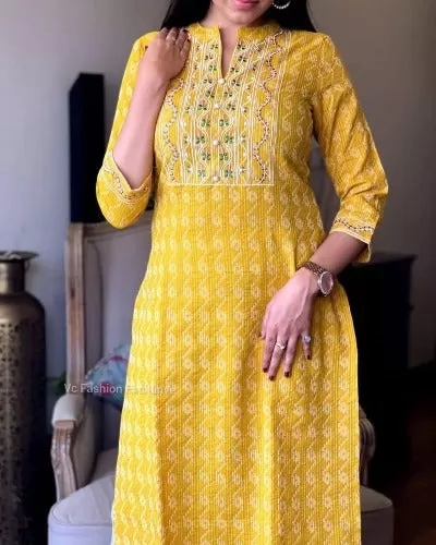 Yellow Embroidered Cotton Kurti UK NEXT DAY