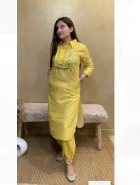 Yellow Lacework Women Kurti Trousers Set