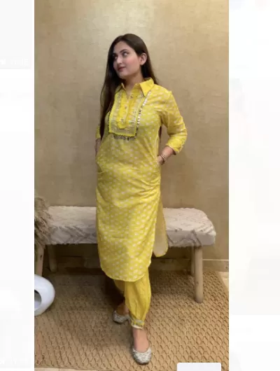 Yellow Lacework Women Kurti Trousers Set